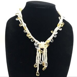 Freshwater Pearl & Pear Shaped Facet Crystal Bow Waterfall Runway Necklace